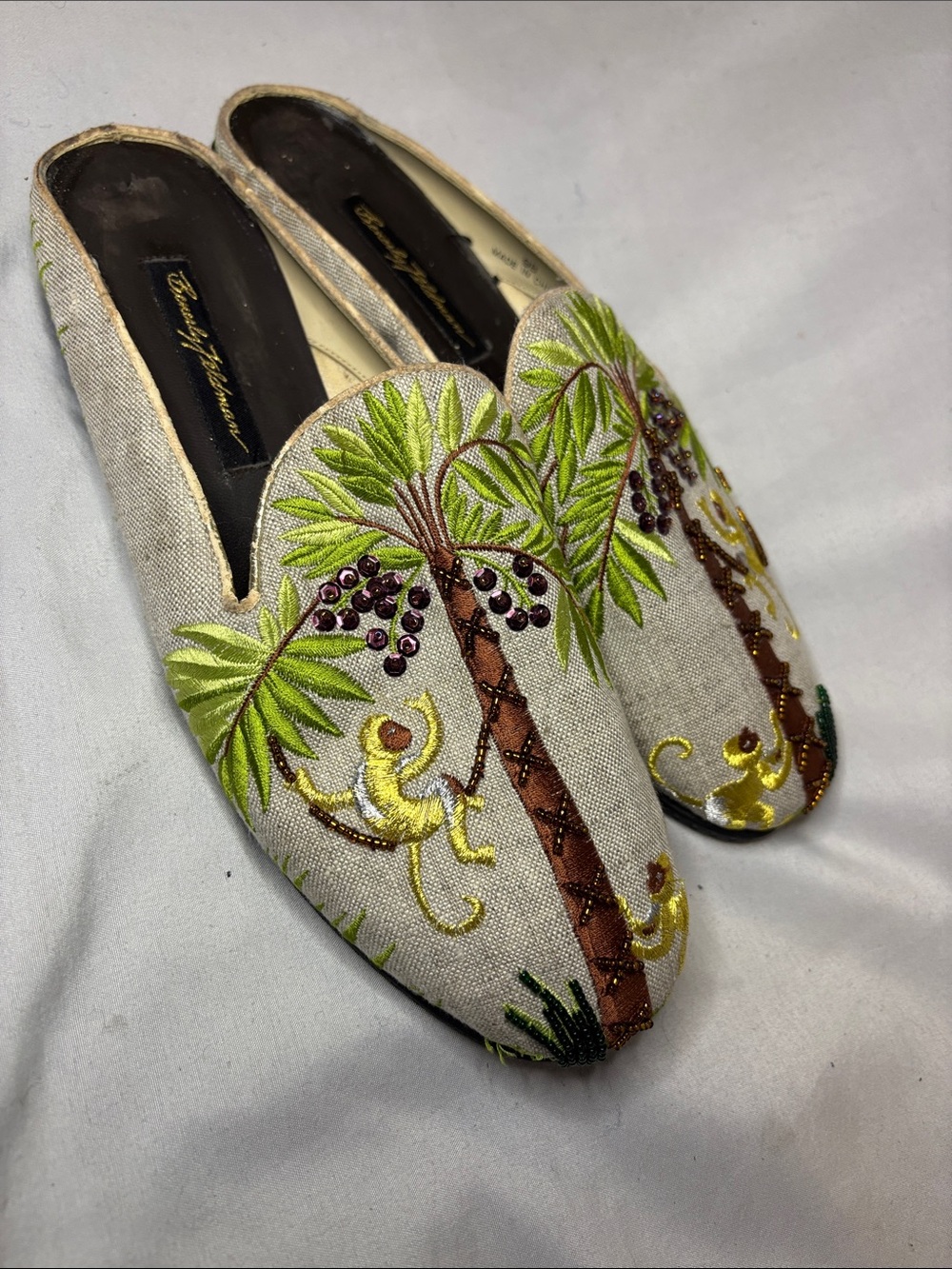 Beverly Feldman flat mules linen tropical monkey and palm tree embroidery 9 - Picture 3 of 9